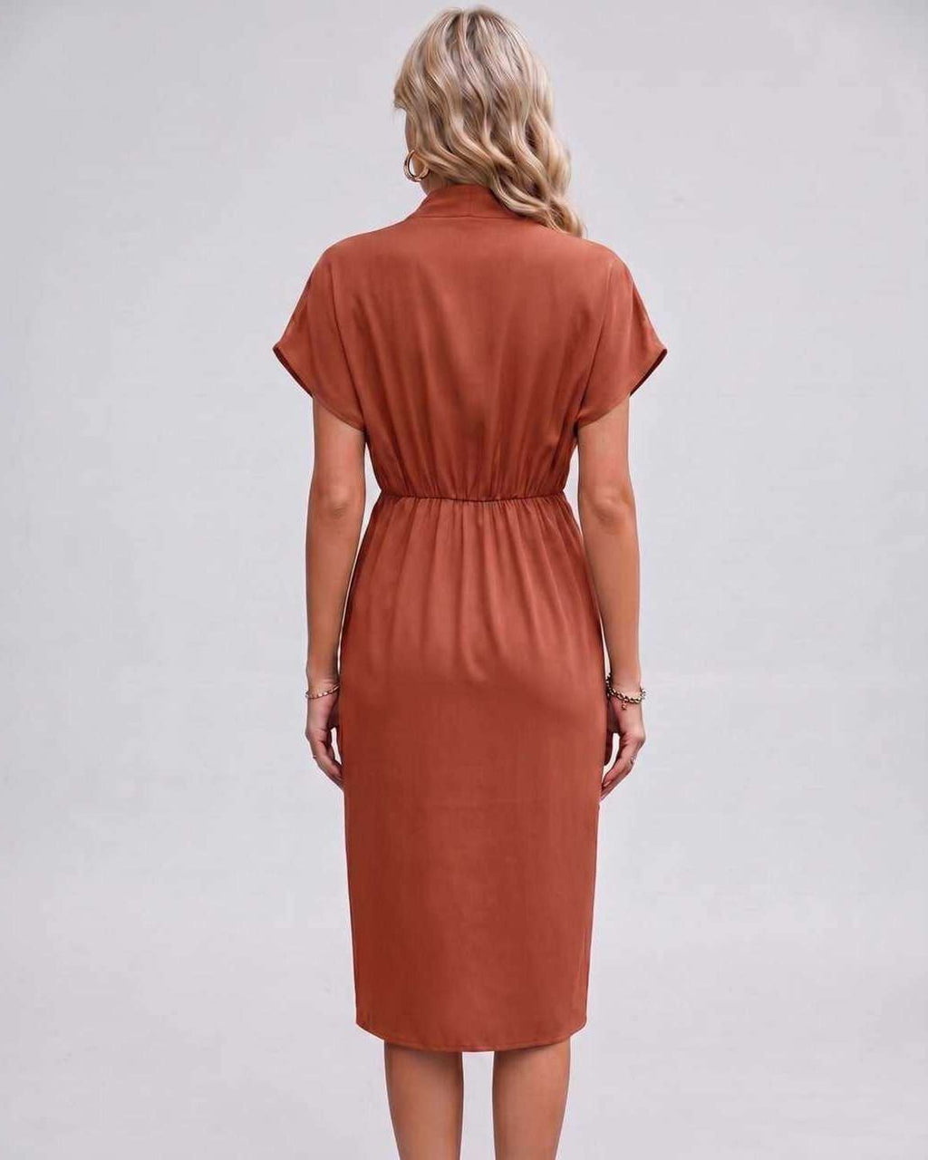 Veloura Midi Dress by Lauven — satin cap sleeve V-neck draped midi dress
