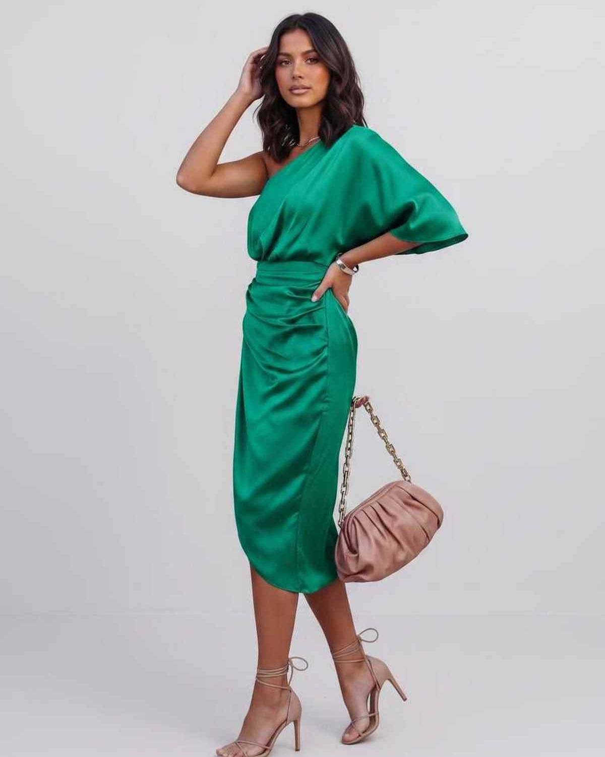Veloura Midi Dress by Lauven — satin one shoulder draped midi dress with slit