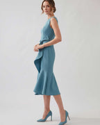 Serelune Midi Dress by Lauven — sleeveless satin midi dress with ruffle detail and fit flare silhouette