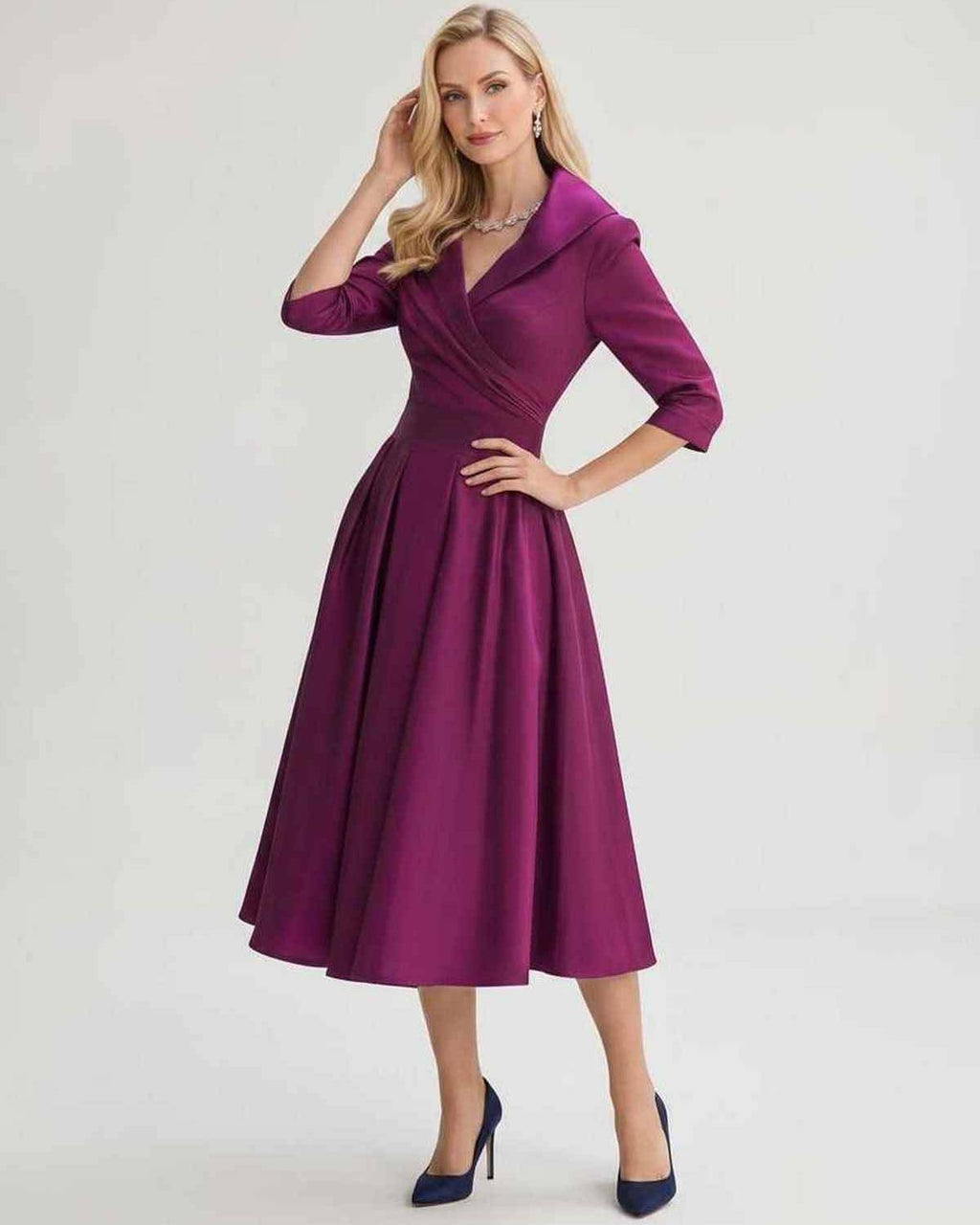 Serelune Midi Dress by Lauven — satin blend 3/4 sleeve V-neck A-line midi dress