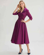 Serelune Midi Dress by Lauven — satin blend 3/4 sleeve V-neck A-line midi dress