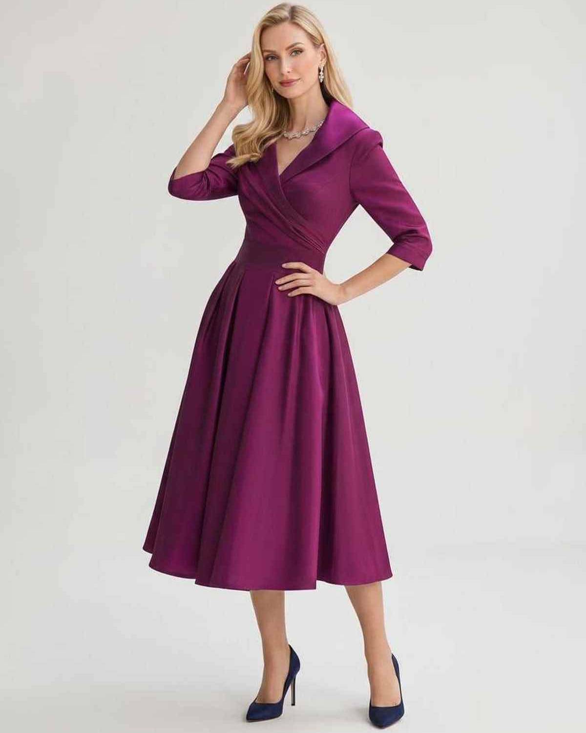 Serelune Midi Dress by Lauven — satin blend 3/4 sleeve V-neck A-line midi dress