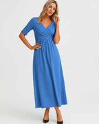 Velmira Midi Dress by Lauven — soft stretch short sleeve V-neck A-line midi dress