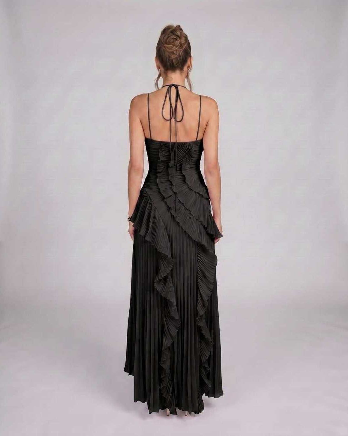 Valerise Maxi Dress by Lauven — chiffon sleeveless halter asymmetrical maxi dress