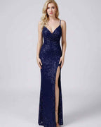 Celeste Maxi Dress by Lauven — sequin sleeveless V-neck mermaid maxi dress with spaghetti straps and front slit