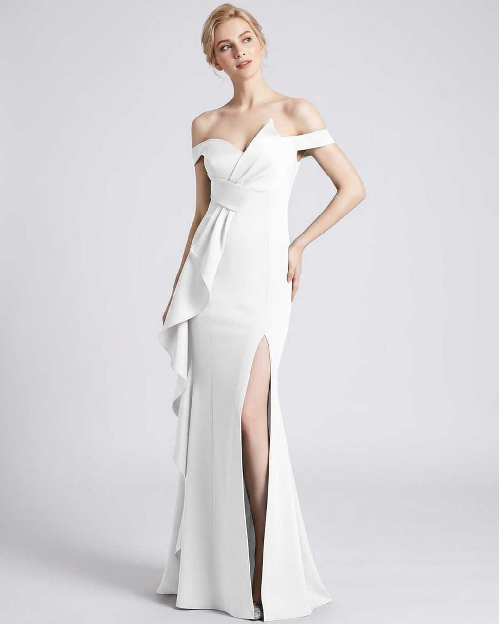 Veloura Maxi Dress by Lauven — polyester spandex off-the-shoulder mermaid maxi dress with slit