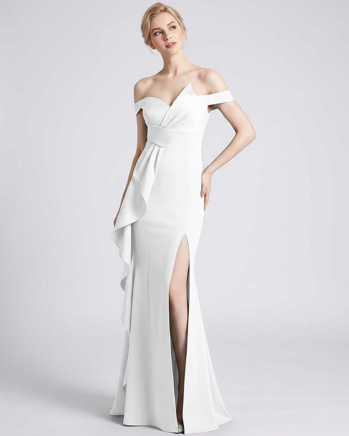Veloura Maxi Dress by Lauven — polyester spandex off-the-shoulder mermaid maxi dress with slit