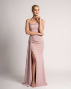 Celestia Maxi Dress by Lauven — polyester spaghetti strap mermaid maxi dress with beading and split
