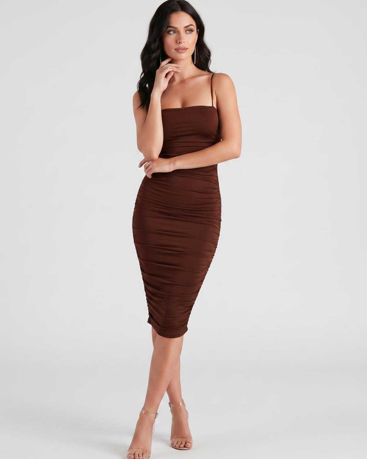 Velora Midi Dress by Lauven — smooth knit sleeveless square neck ruched slim midi dress