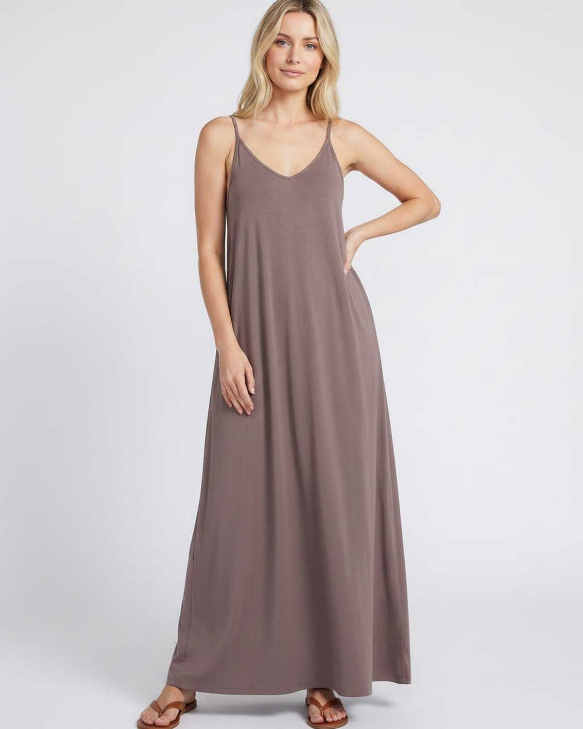 Solenne Maxi Dress by Lauven — soft stretch sleeveless V-neck relaxed A-line maxi dress