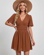 Calista Mini Dress by Lauven — chiffon ruffled short sleeve V-neck A-line mini dress