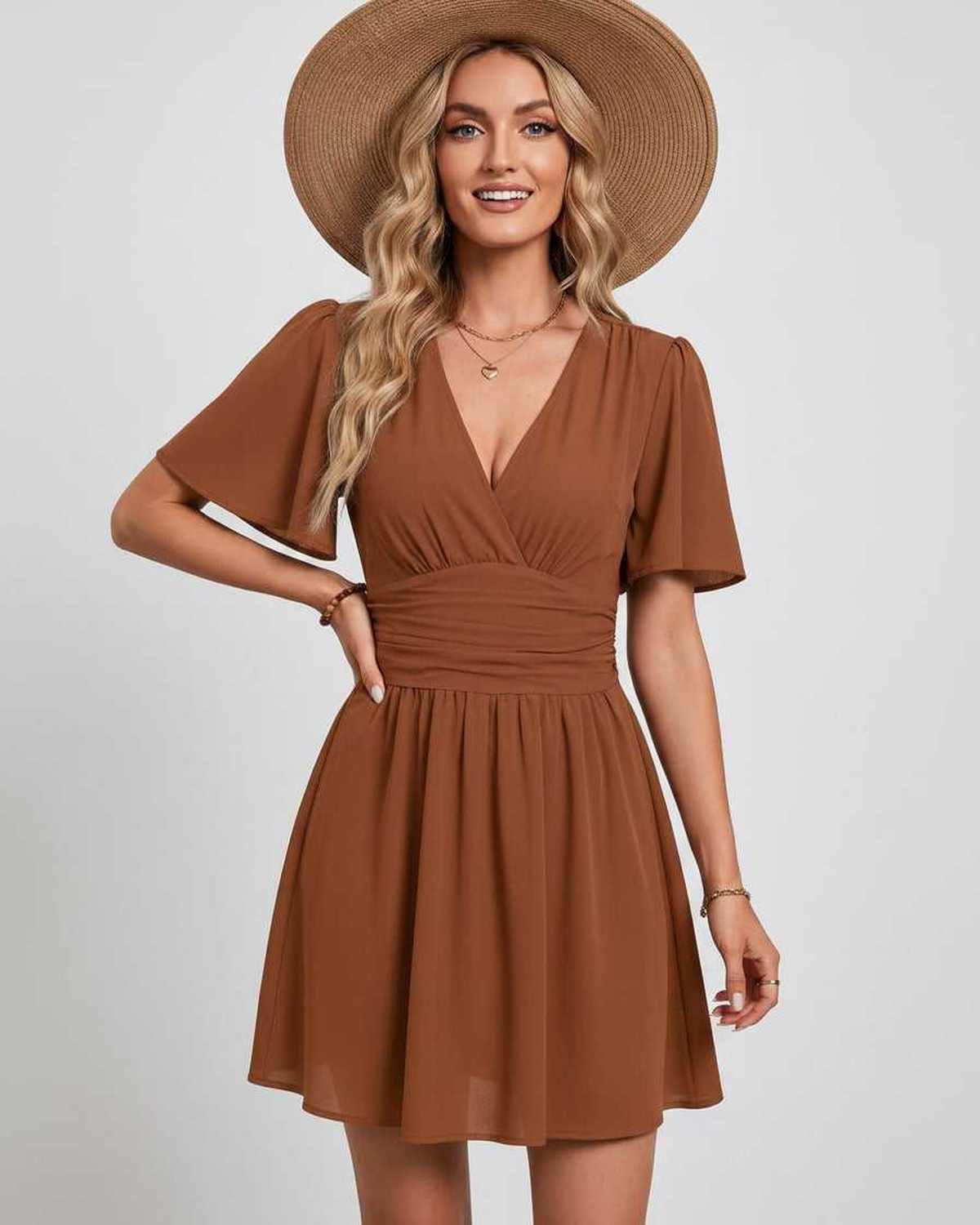 Calista Mini Dress by Lauven — chiffon ruffled short sleeve V-neck A-line mini dress