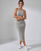 Lunara Midi Dress by Lauven — ribbed knit sleeveless crew neck slim-fit midi dress
