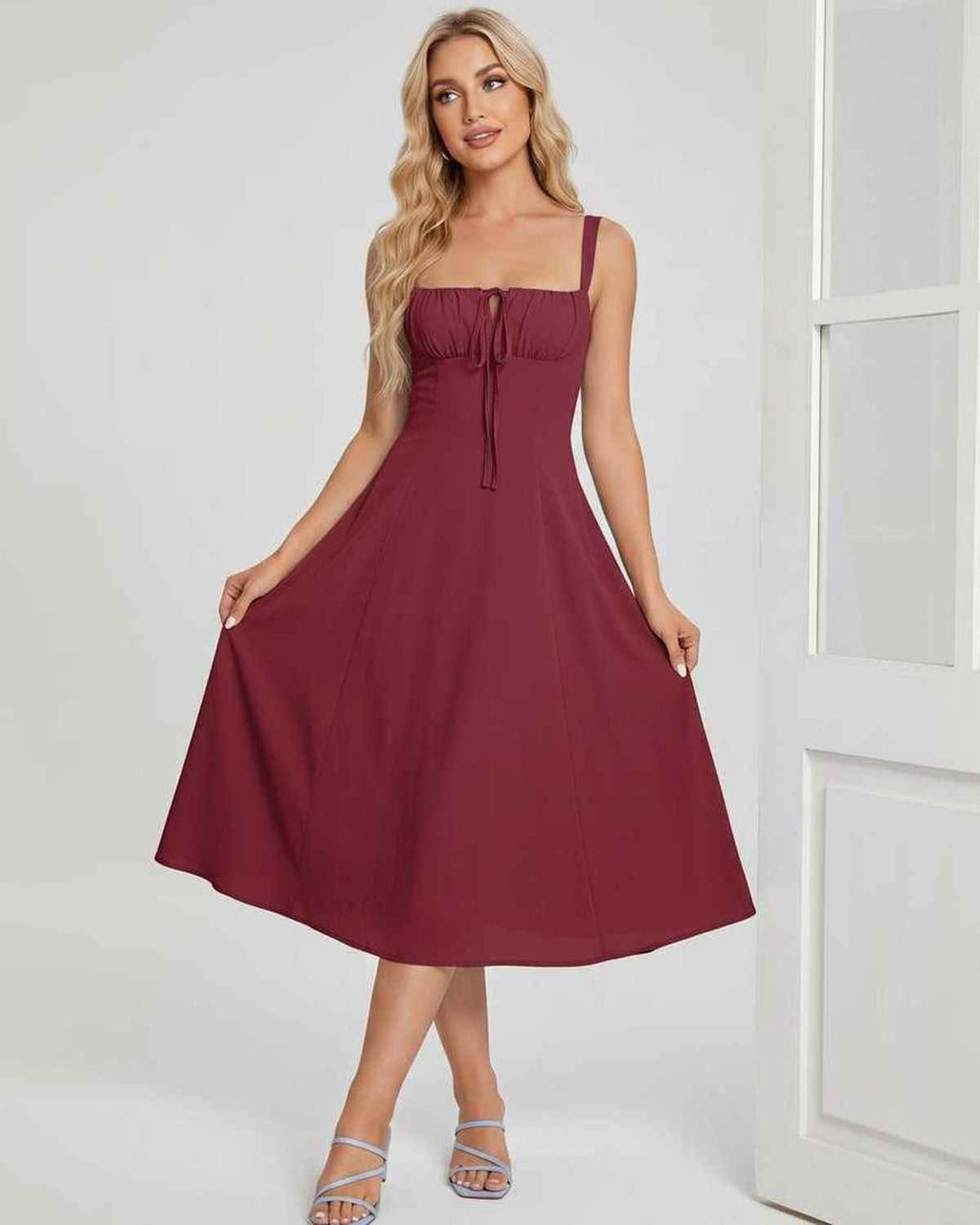 Serelune Midi Dress by Lauven — lightweight sleeveless square neck A-line midi dress