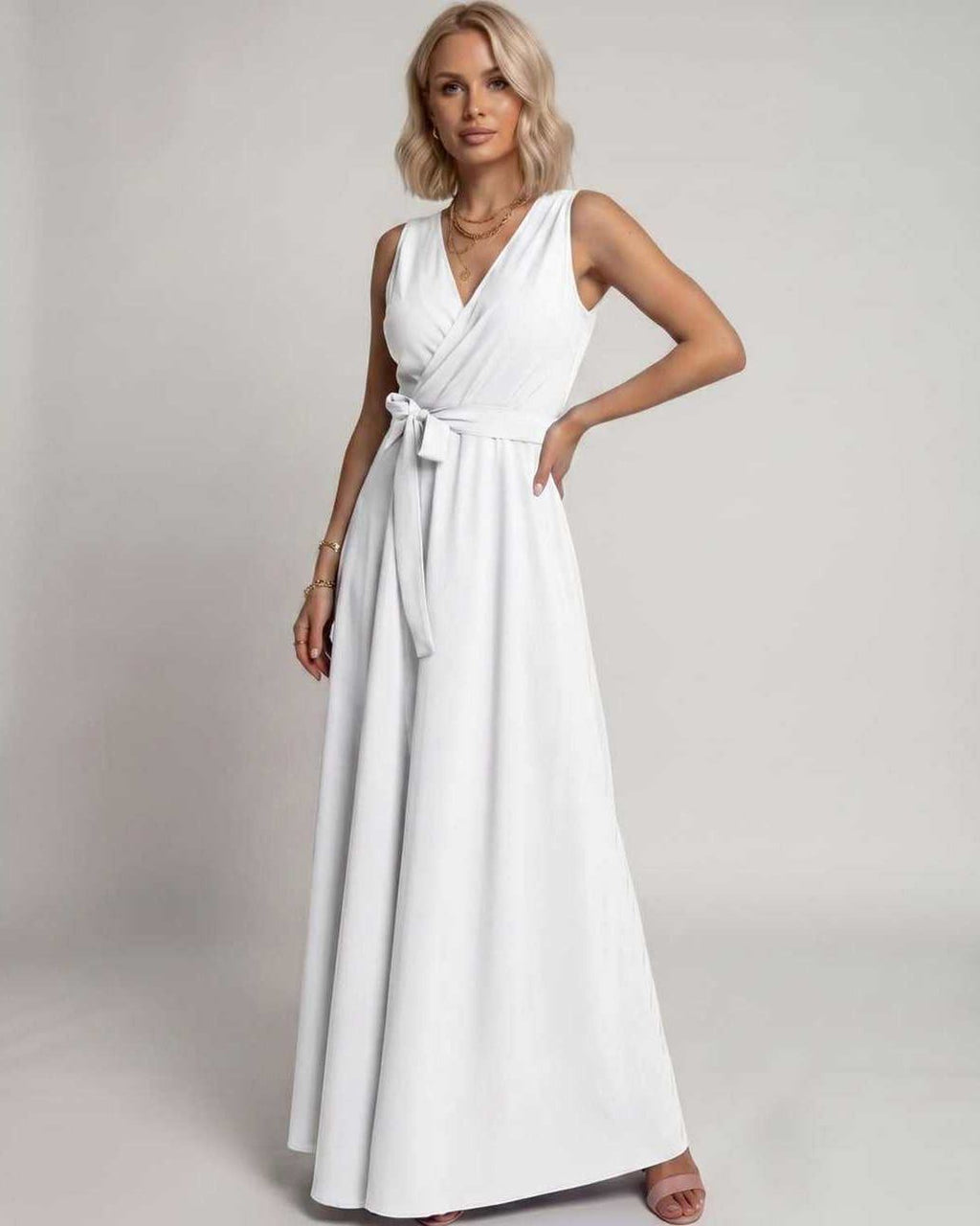 Veloura Maxi Dress by Lauven — satin sleeveless V-neck A-line maxi dress