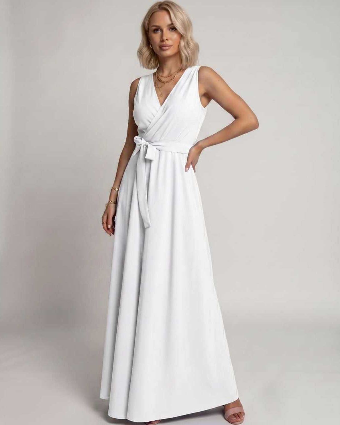 Veloura Maxi Dress by Lauven — satin sleeveless V-neck A-line maxi dress