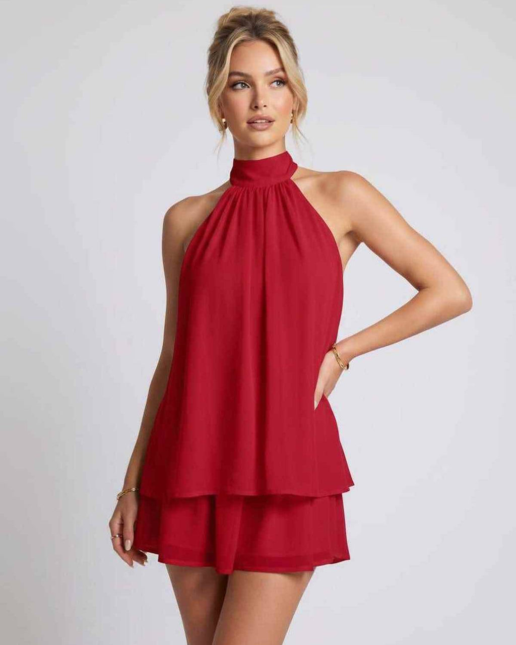 Celestia Mini Dress by Lauven — chiffon sleeveless halter neck mini dress