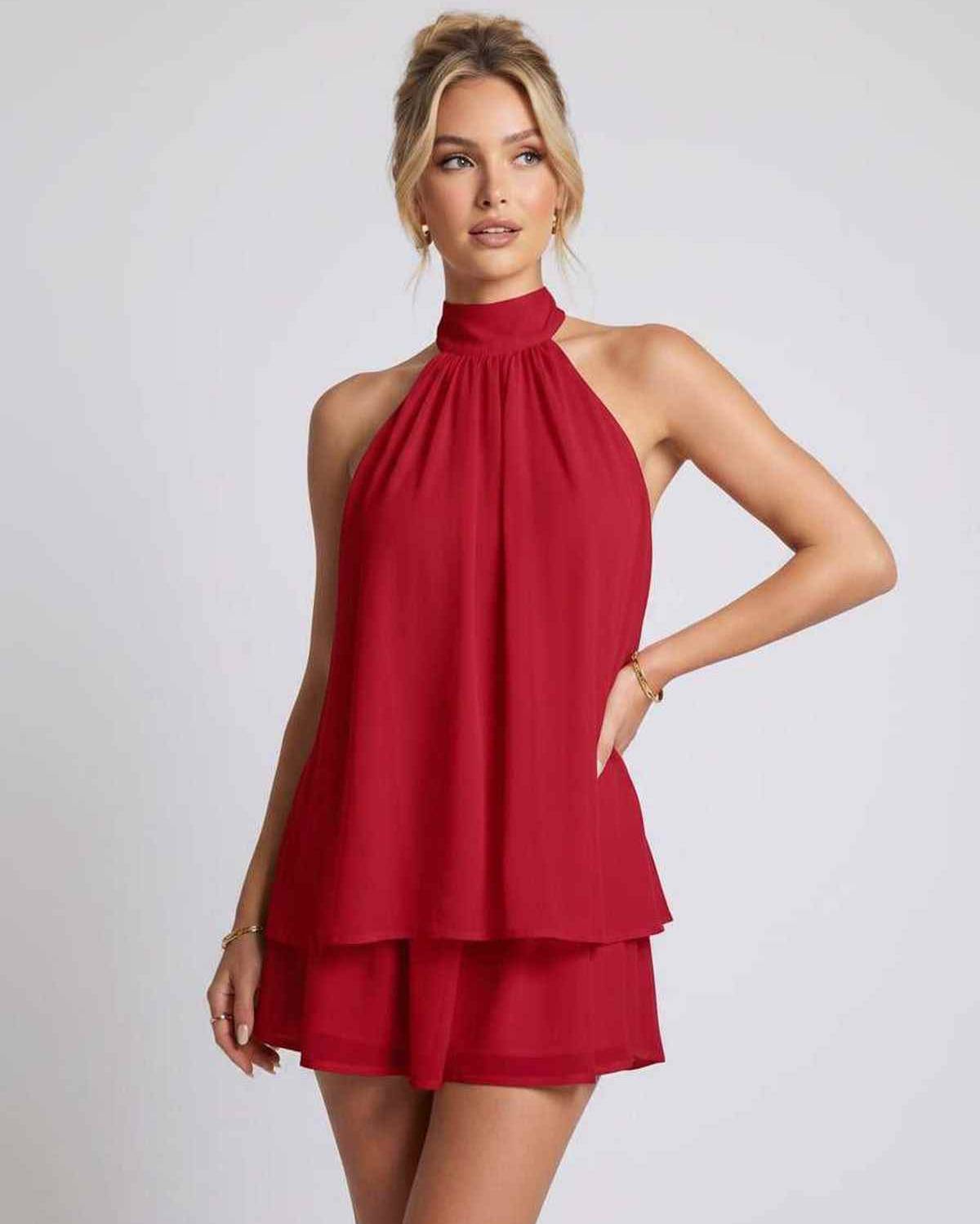 Celestia Mini Dress by Lauven — chiffon sleeveless halter neck mini dress
