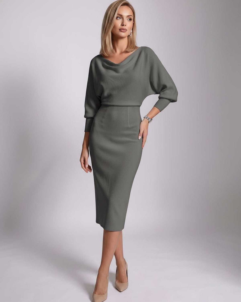 Serene Midi Dress by Lauven — knit batwing sleeve cowl neck fitted midi dress