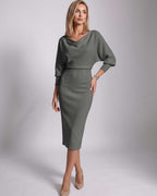 Serene Midi Dress by Lauven — knit batwing sleeve cowl neck fitted midi dress