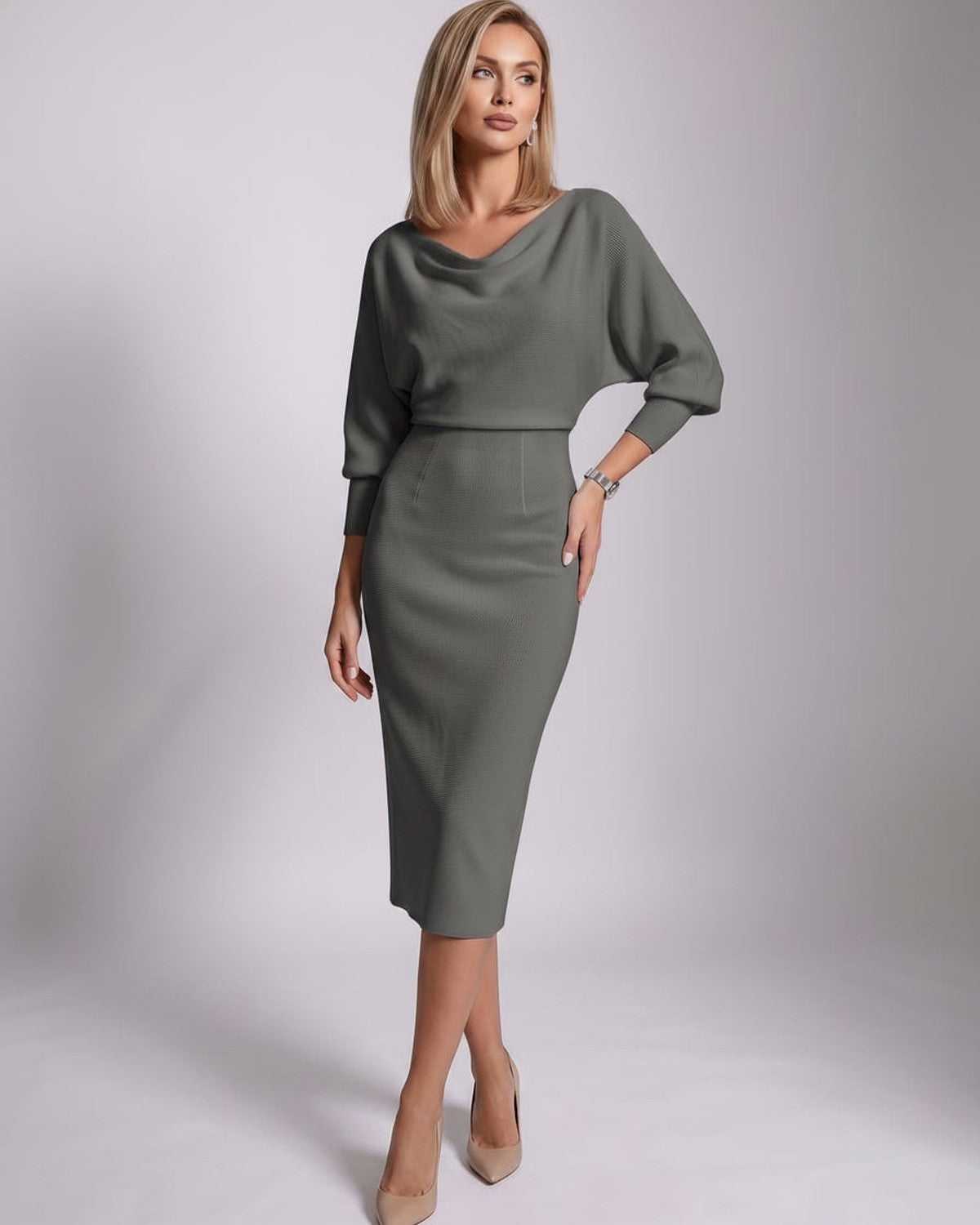 Serene Midi Dress by Lauven — knit batwing sleeve cowl neck fitted midi dress