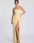 Seraphine Maxi Dress by Lauven — chiffon strapless pleated high slit maxi dress