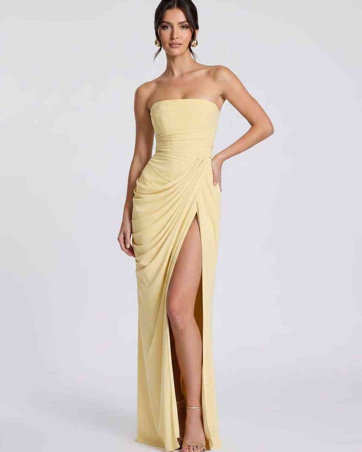 Seraphine Maxi Dress by Lauven — chiffon strapless pleated high slit maxi dress
