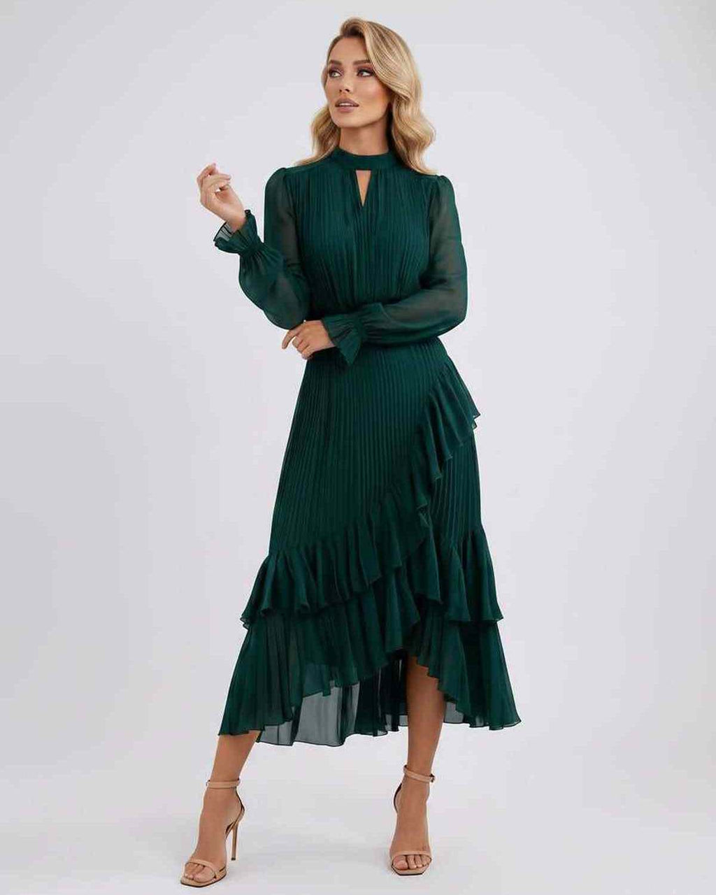 Celestia Maxi Dress by Lauven — chiffon long sleeve high neck A-line maxi dress
