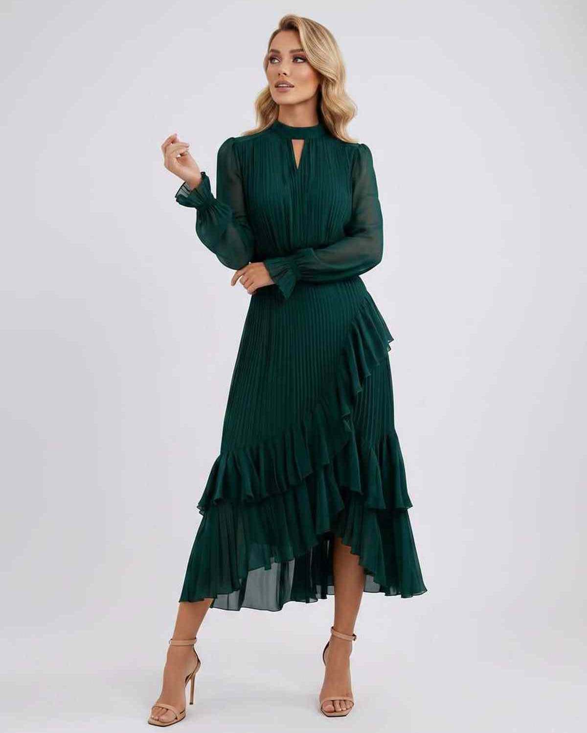 Celestia Maxi Dress by Lauven — chiffon long sleeve high neck A-line maxi dress