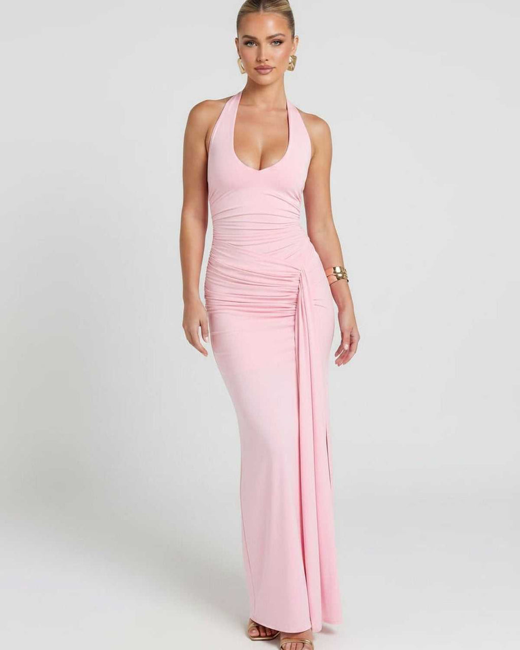 Solvienne Maxi Dress by Lauven — stretch sleeveless deep V-neck ruched maxi dress