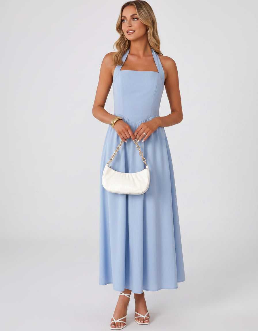 Veloura Midi Dress by Lauven — satin blend sleeveless square neck A-line midi dress