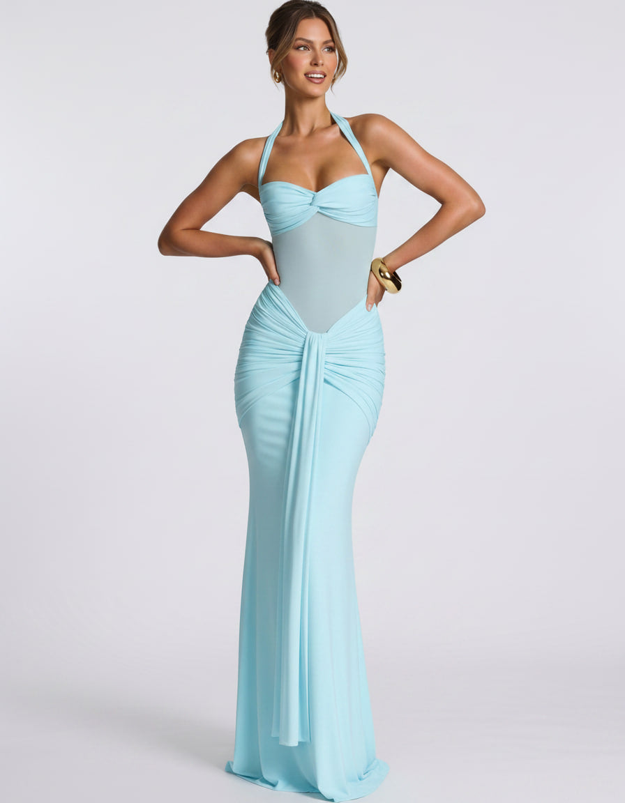 Solvane Maxi Dress by Lauven — stretch mesh sleeveless halter neck slim fit maxi dress