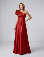 Aurevina Maxi Dress by Lauven — satin one shoulder A-line maxi dress with ruffle detail