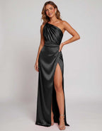 Veloura Maxi Dress by Lauven — satin one-shoulder mermaid maxi dress with slit