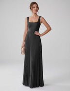 Veloura Maxi Dress by Lauven — satin chiffon sleeveless square neck pleated A-line maxi dress