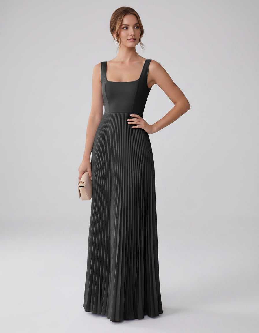 Veloura Maxi Dress by Lauven — satin chiffon sleeveless square neck pleated A-line maxi dress