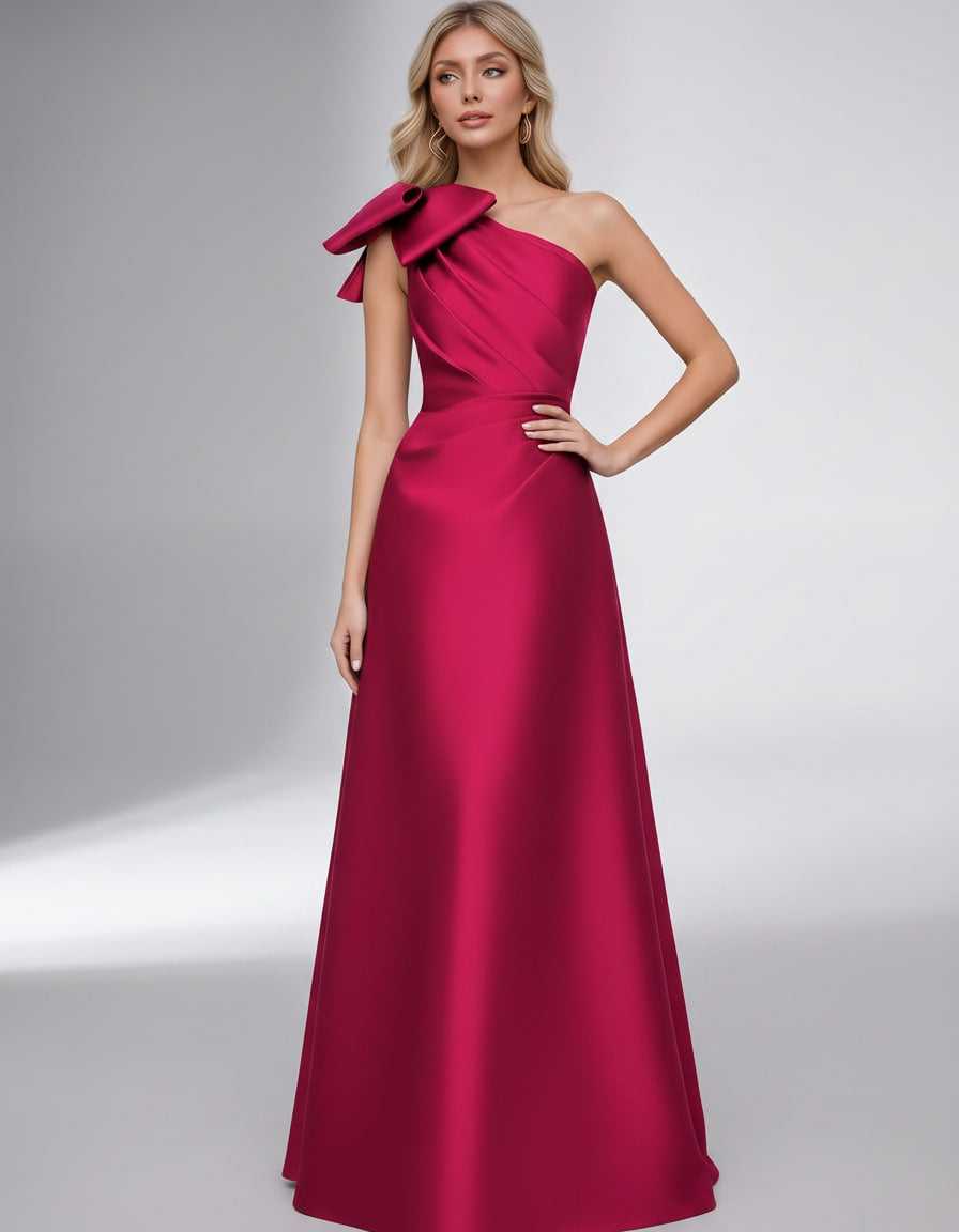 Celestia Maxi Dress by Lauven — satin one shoulder A-line maxi dress with bow