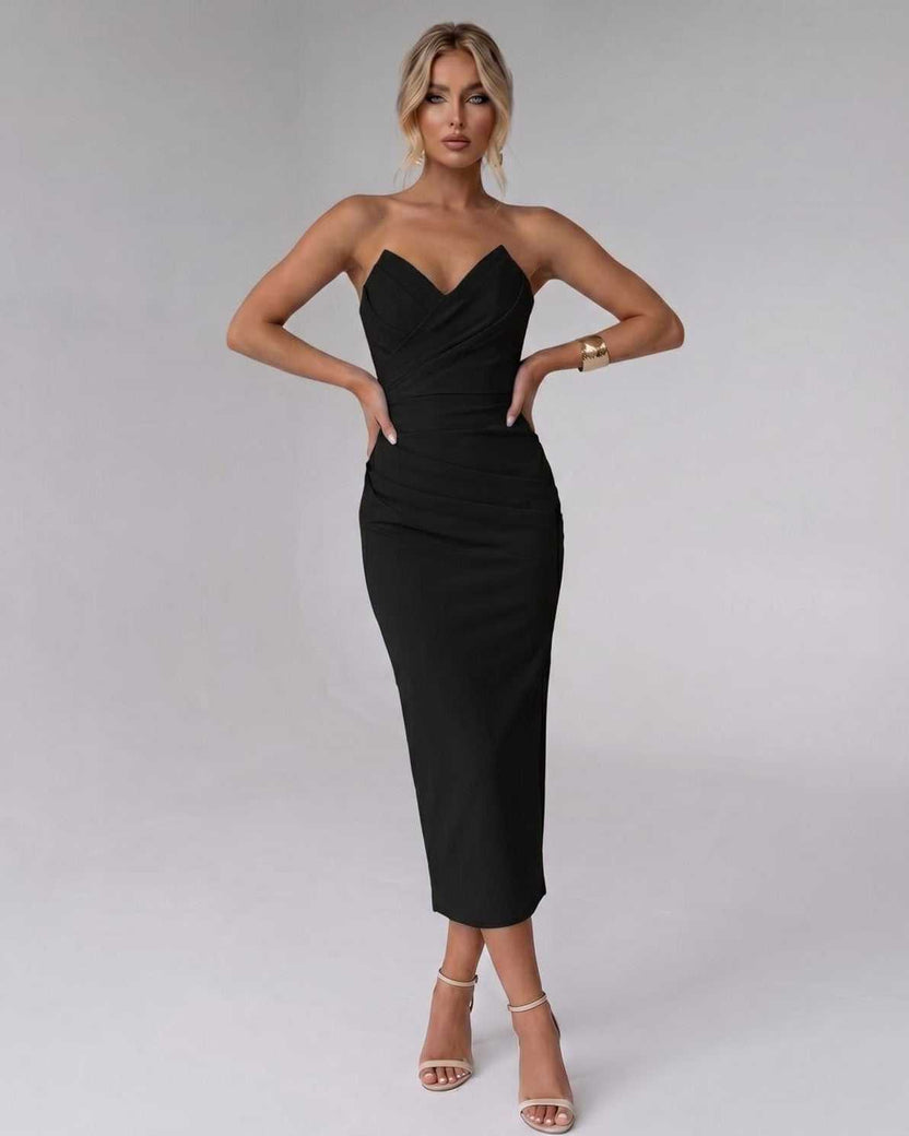 Serelle Midi Dress by Lauven — black smooth stretch strapless sweetheart neck fitted midi dress