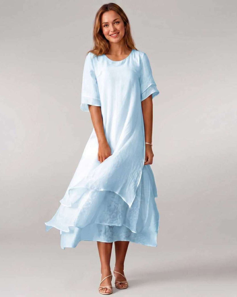 Aurelia Midi Dress by Lauven — blue lightweight short sleeve round neck layered midi dress