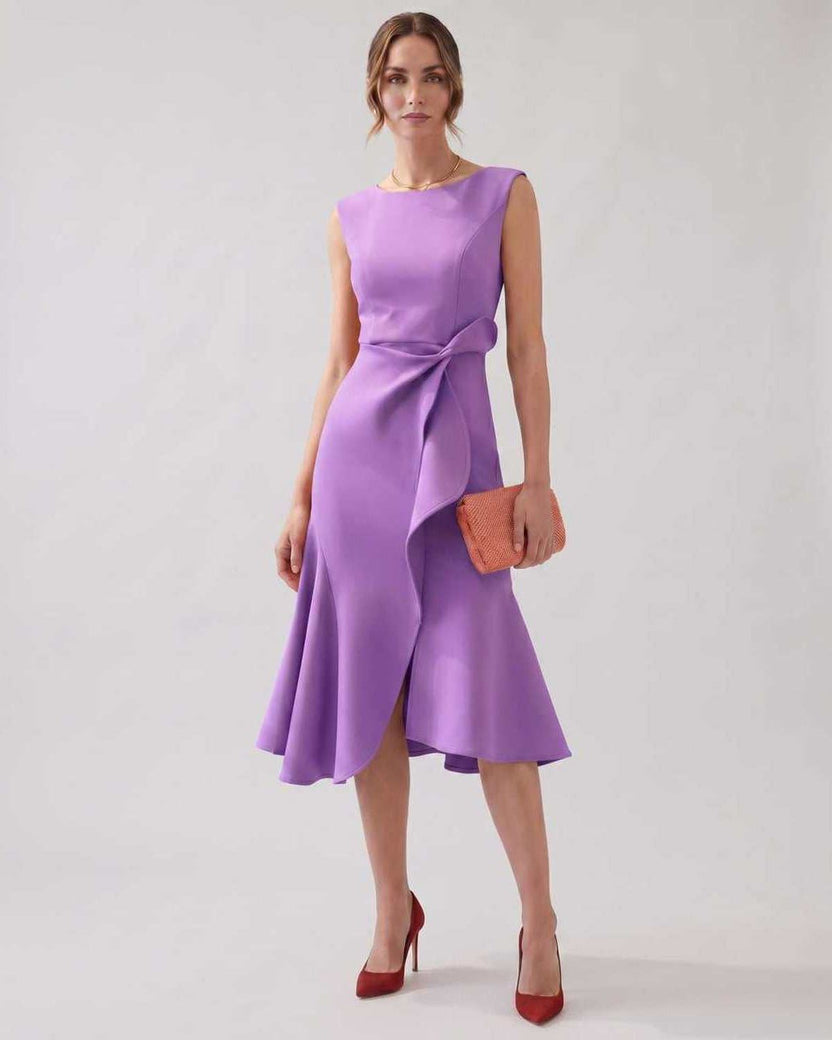 Serelune Midi Dress by Lauven — purple sleeveless satin midi dress with ruffle detail and fit flare silhouette