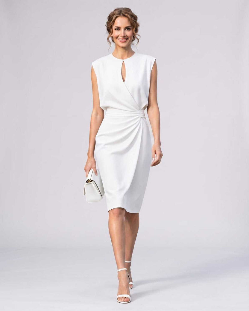 Velmira Midi Dress by Lauven — white sleeveless keyhole wrap midi dress with ruched waist