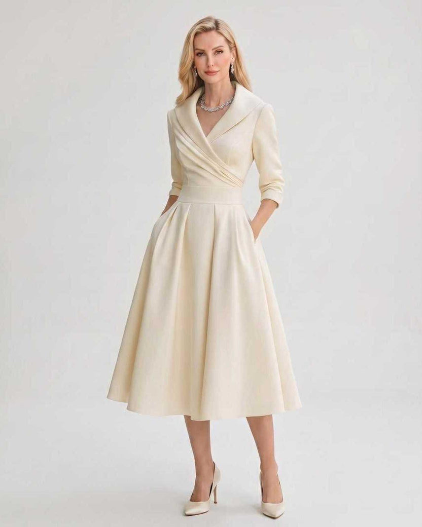 Serelune Midi Dress by Lauven — white satin blend 3/4 sleeve V-neck A-line midi dress