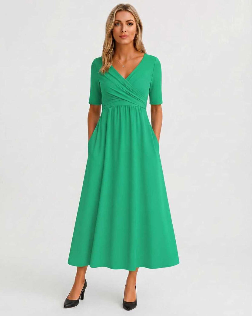 Velmira Midi Dress by Lauven — green soft stretch short sleeve V-neck A-line midi dress