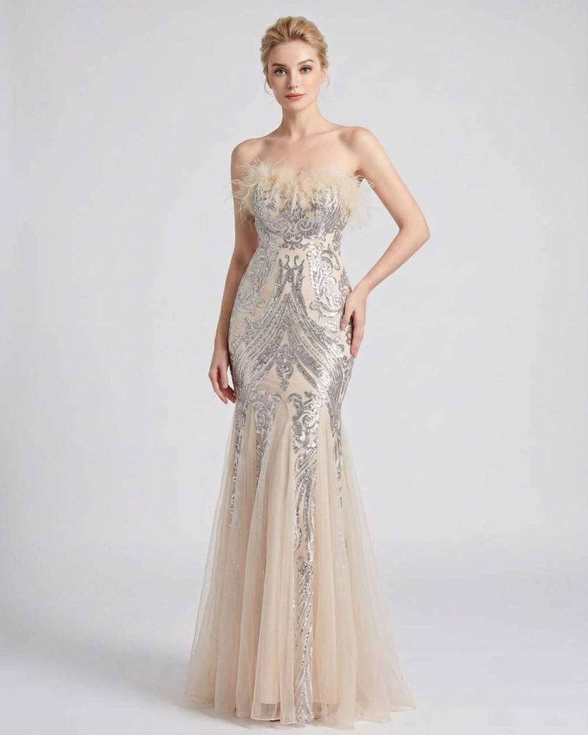 Celestia Maxi Dress by Lauven — silver polyester-spandex sleeveless off-the-shoulder mermaid maxi dress