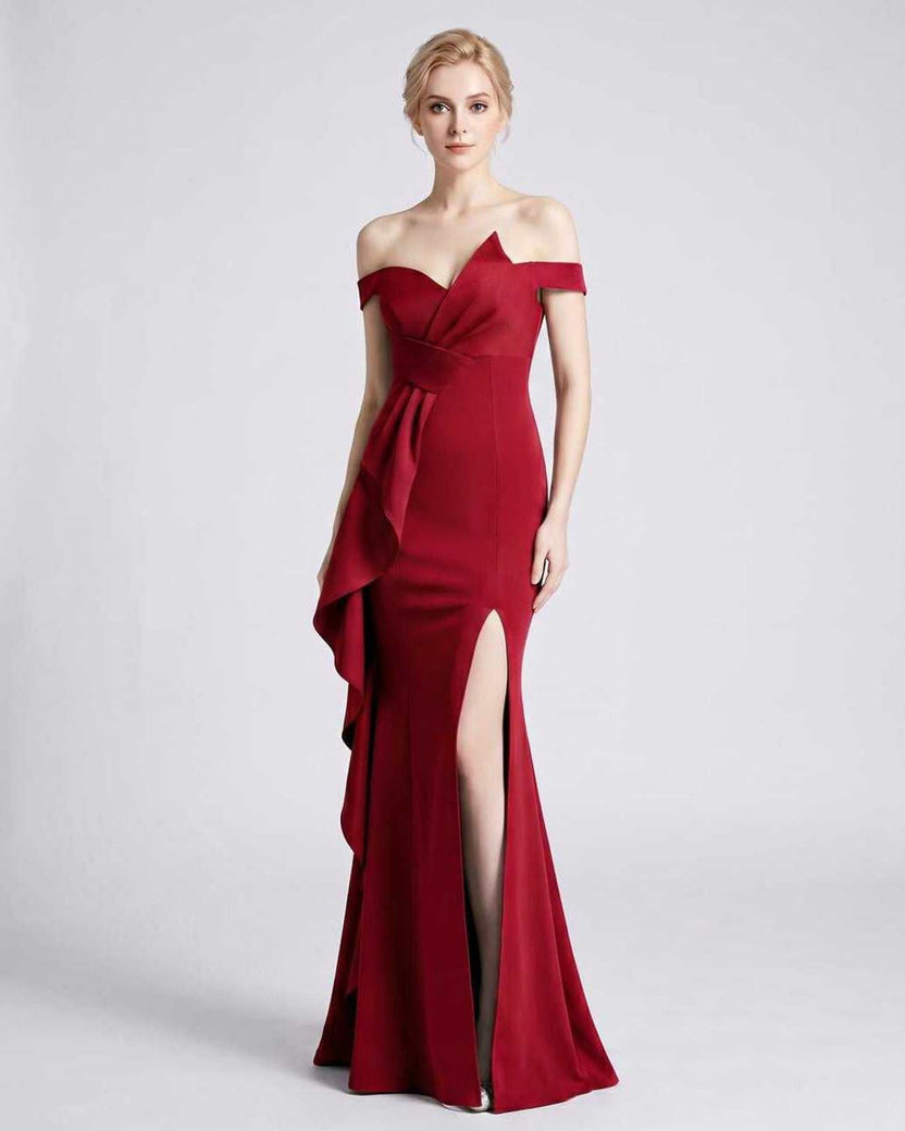 Veloura Maxi Dress by Lauven — red polyester spandex off-the-shoulder mermaid maxi dress with slit