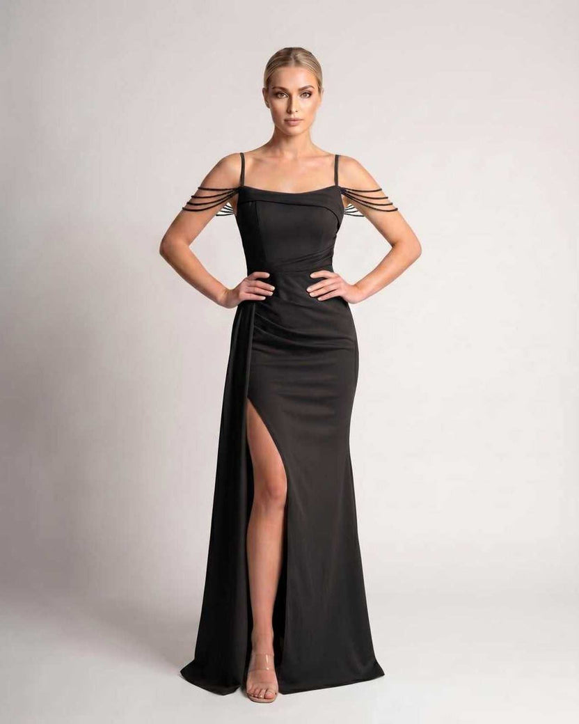 Celestia Maxi Dress by Lauven — black polyester spaghetti strap mermaid maxi dress with beading and split