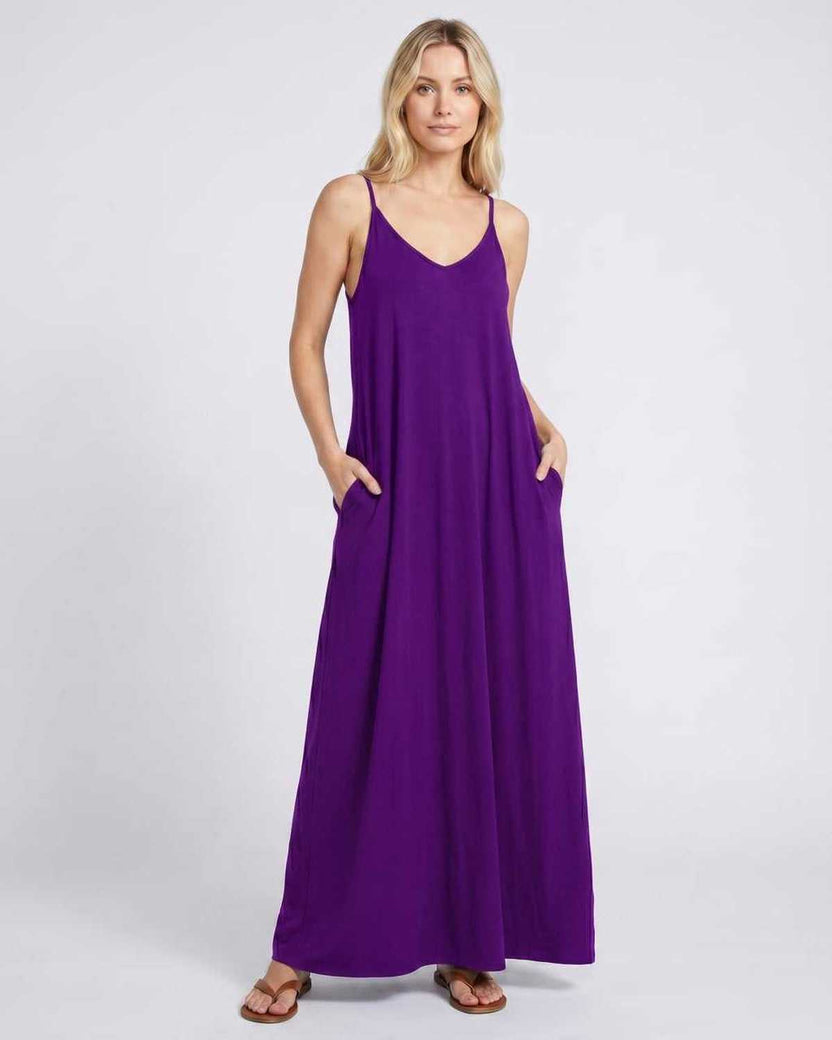 Solenne Maxi Dress by Lauven — purple soft stretch sleeveless V-neck relaxed A-line maxi dress