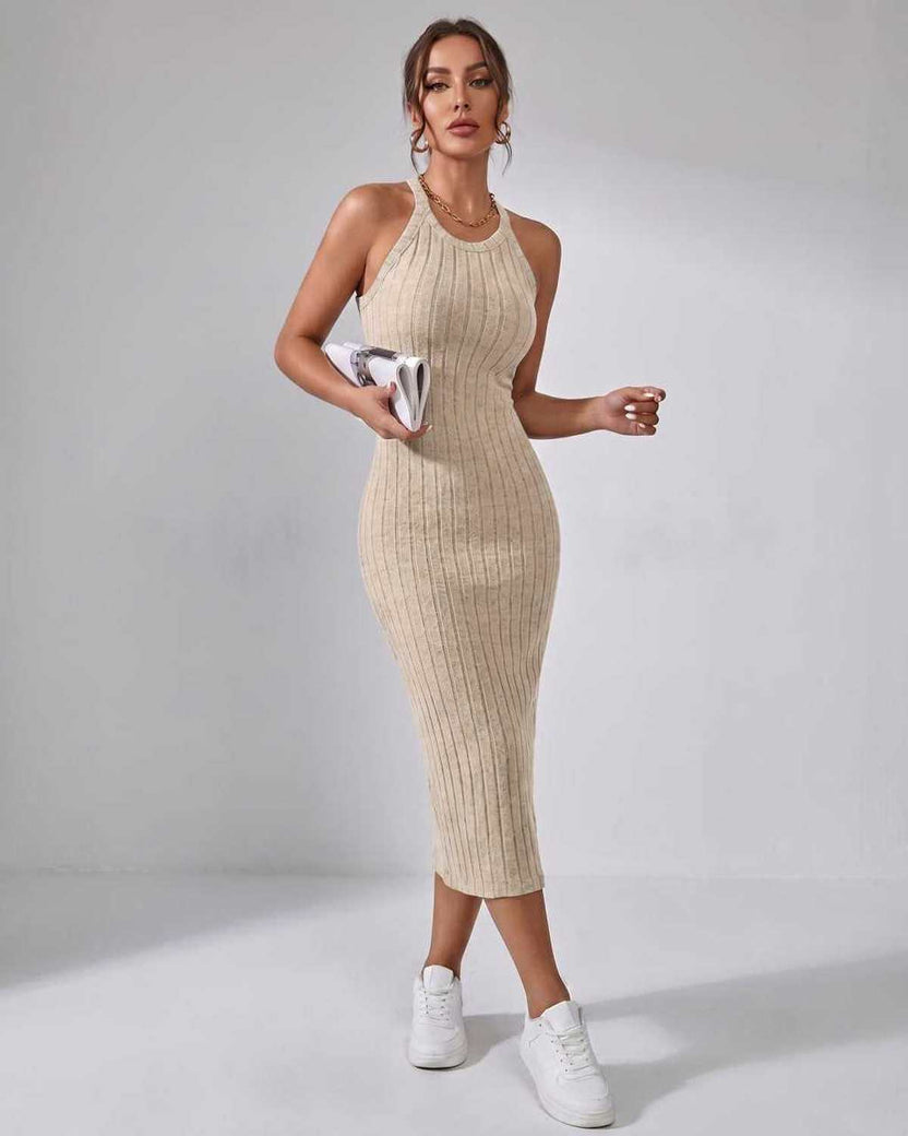 Lunara Midi Dress by Lauven — beige ribbed knit sleeveless crew neck slim-fit midi dress