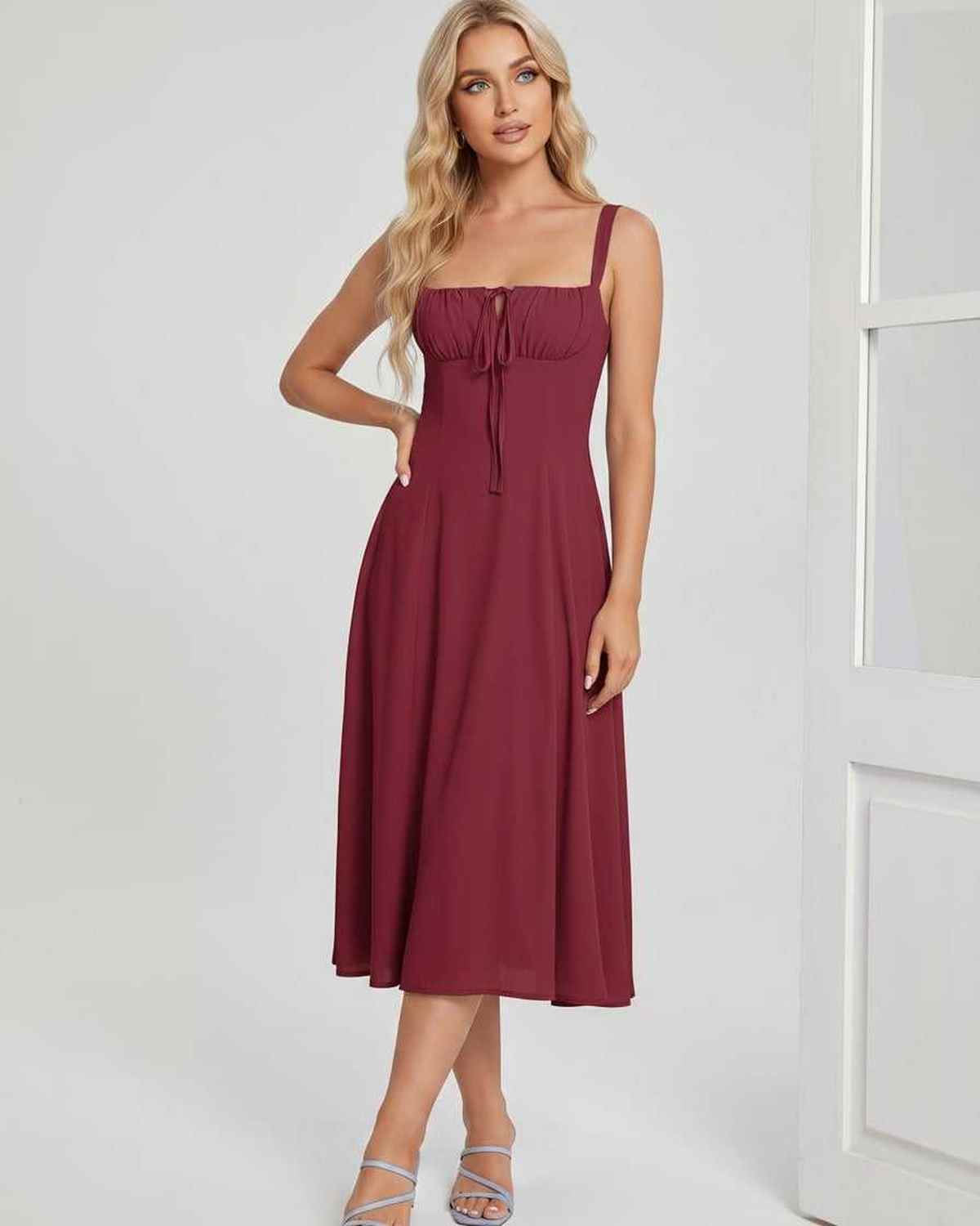 Serelune Midi Dress by Lauven — lightweight sleeveless square neck A-line midi dress