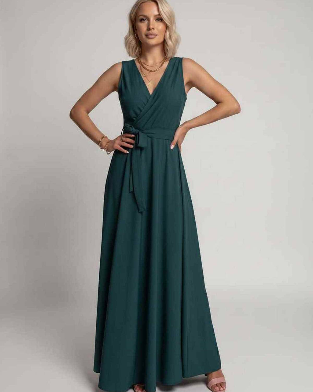 Veloura Maxi Dress by Lauven — satin sleeveless V-neck A-line maxi dress